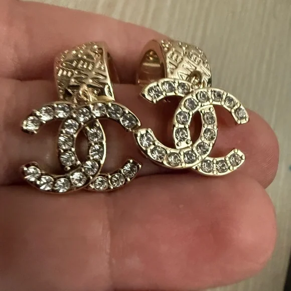 Naw upcycled Chanel Gold with rhinestone Crystal Logo Earrings - Picture 2 of 9